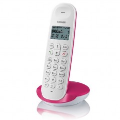 Brondi LOTUS Cordless Phone with Hands-Free Calls, Eco-Dect, Alarm Clock, and Phonebook | White and Magenta