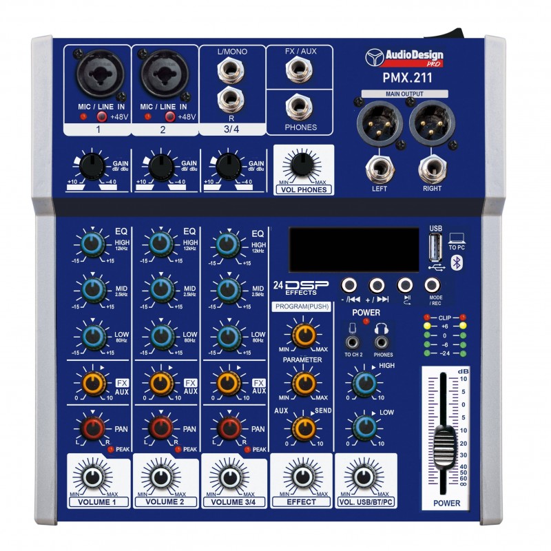 AUDIODESIGN PRO 2+1+1 Channel Professional Mixer - USB/BT 24 Effects with DSP - USB Powered AUDIODESIGN PRO 2+1+1 Channel Professional Mixer - USB/BT 24 Effects with DSP - USB Powered