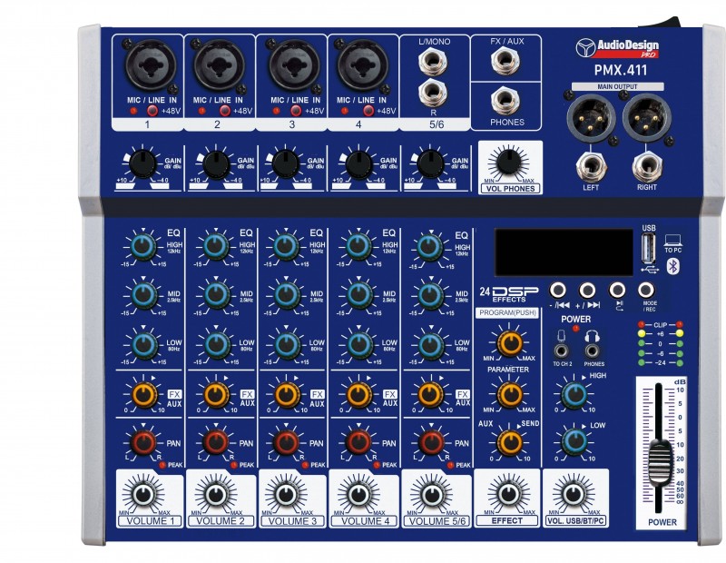 AUDIODESIGN PRO 4+1+1 Channel Professional Mixer - USB/BT 24 Effects with DSP - USB Powered - Optical Input AUDIODESIGN PRO 4+1+1 Channel Professional Mixer - USB/BT 24 Effects with DSP - USB Powered - Optical Input