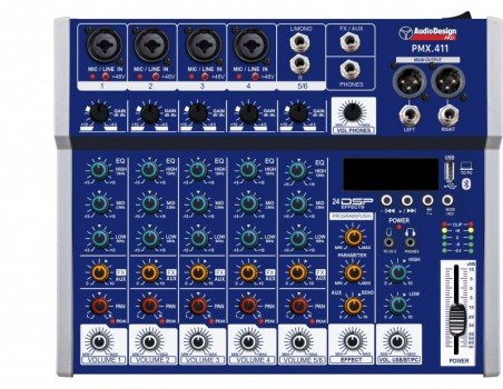 AUDIODESIGN PRO AUDIODESIGN PRO Mixer professionale 4+1+1 canali - USB/BT 24 effetti con DSP - Alimentazione USB - Ingresso otti