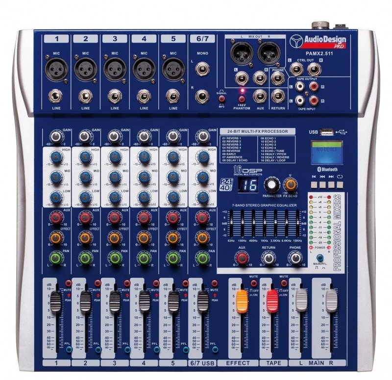 AUDIODESIGN PRO 5+1+1 Channel Professional Mixer - USB and BT