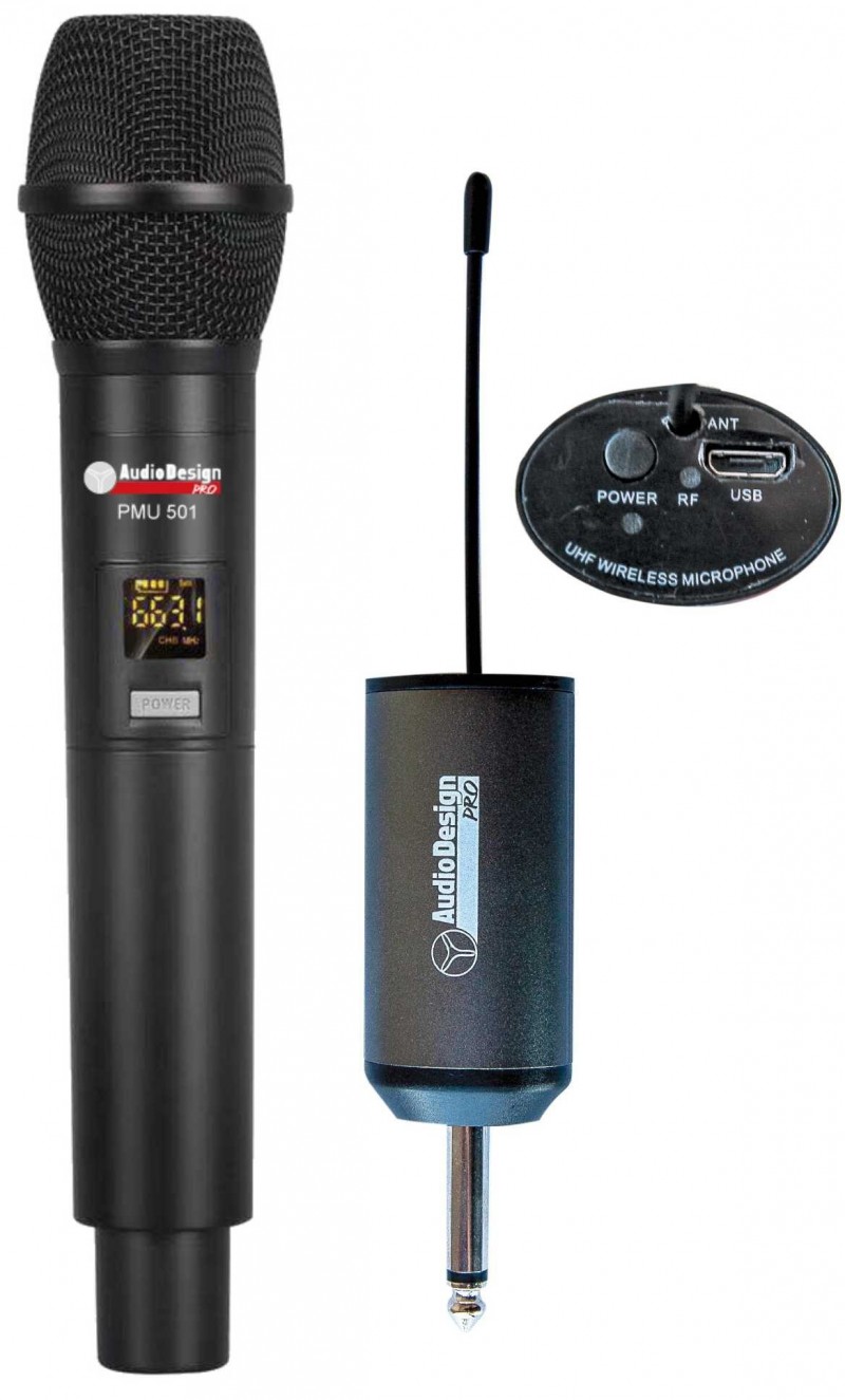 AUDIODESIGN PRO PMU 501 Microfono Wireless UHF 48Ch Con Ricevitore e Adattatore Jack 6.3 a 3.5