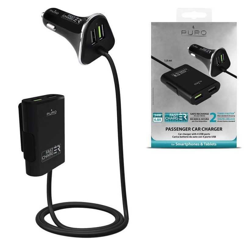 Puro Car Charger Fast 2 Usb + Hub 2 porte Usb 6,8A Nero Puro Car Charger Fast 2 Usb + Hub 2 porte Usb 6,8A Nero