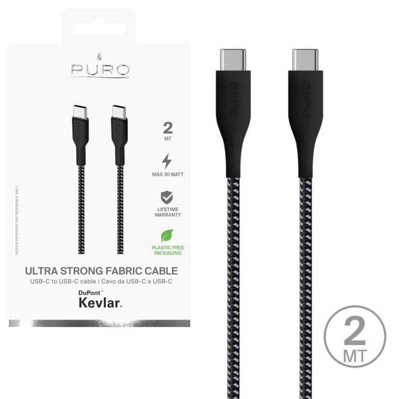 Puro ULTRA STRONG USB-C to USB-C 2.0 Fabric Cable with Kevlar - 30W - 480MBps - 2m | Black