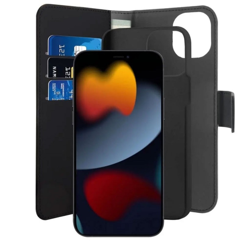 Puro Wallet Detachable 2-in-1 Horizontal Flip Case + Magnetic Cover for iPhone 13 Mini | Black