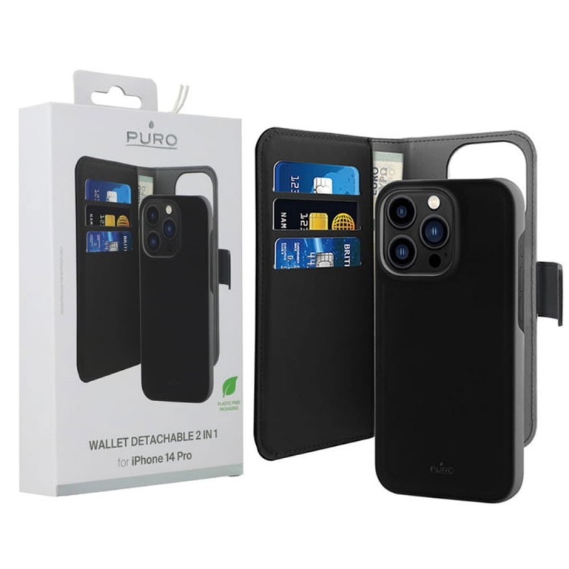 Puro Wallet Detachable 2-in-1 Horizontal Flip Case + Magnetic Cover for iPhone 14 Pro | Black