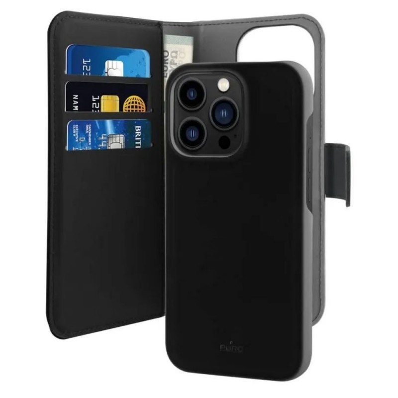 Puro Wallet Detachable 2 in 1 Custodia Flip Orizz. + Cover Magnetica Per iPhone 14 Pro | Nero