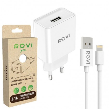 Immagine prodotto Rovi Travel Charger Kit ST450L Caricabatteria USB-A + Cavo da USB-A a Lightning 2.1A | Bianco