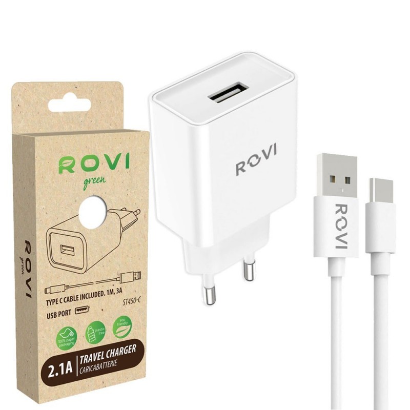 Rovi USB-A Charger + USB-A to Type-C Cable 2.1A (Green Pack) | White