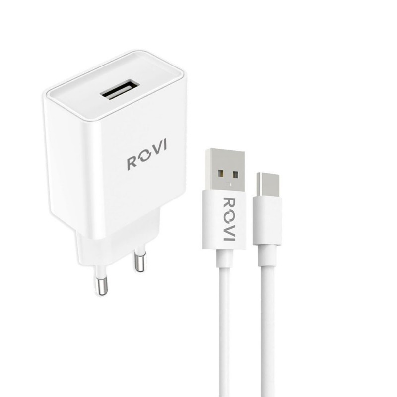 Rovi USB-A Charger + USB-A to Type-C Cable 2.1A (Green Pack) | White