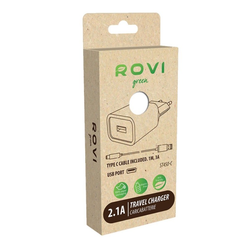 Rovi USB-A Charger + USB-A to Type-C Cable 2.1A (Green Pack) | White