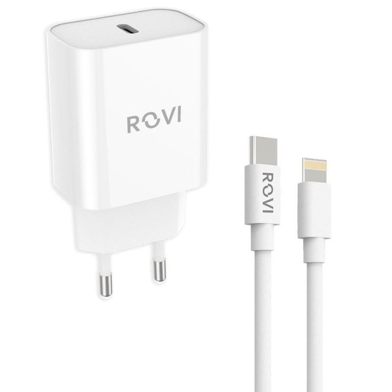  Rovi Type-C Charger with Type-C to Lightning Cable 20W PD Fast Charger (Green Pack) | White
