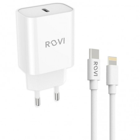Rovi Caricabatterie Type-C Completo di Cavo da Type-C a Lightning 20W PD Fast Charger (Pack Green) | Bianco 