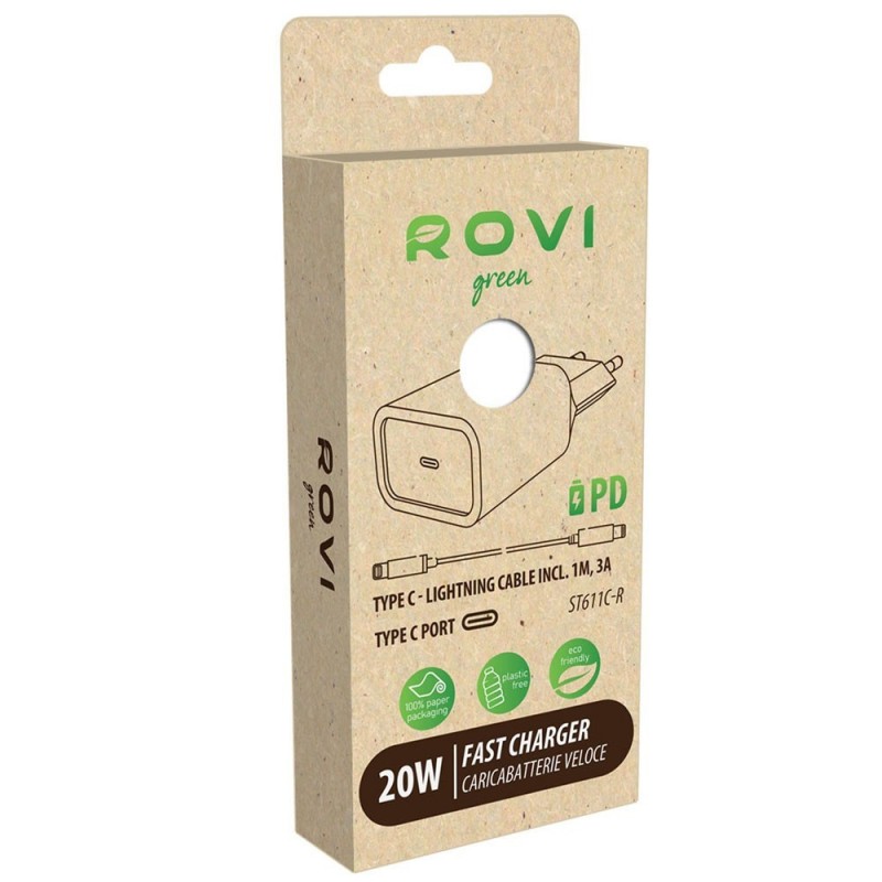 Rovi Caricabatterie Type-C Completo di Cavo da Type-C a Lightning 20W PD Fast Charger (Pack Green) | Bianco 