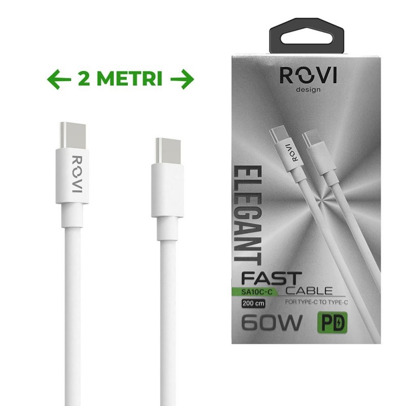 Rovi Elegant SA10CC 2 Meter Type-C to Type-C Cable in Ultra-Strong 3A PVC | White