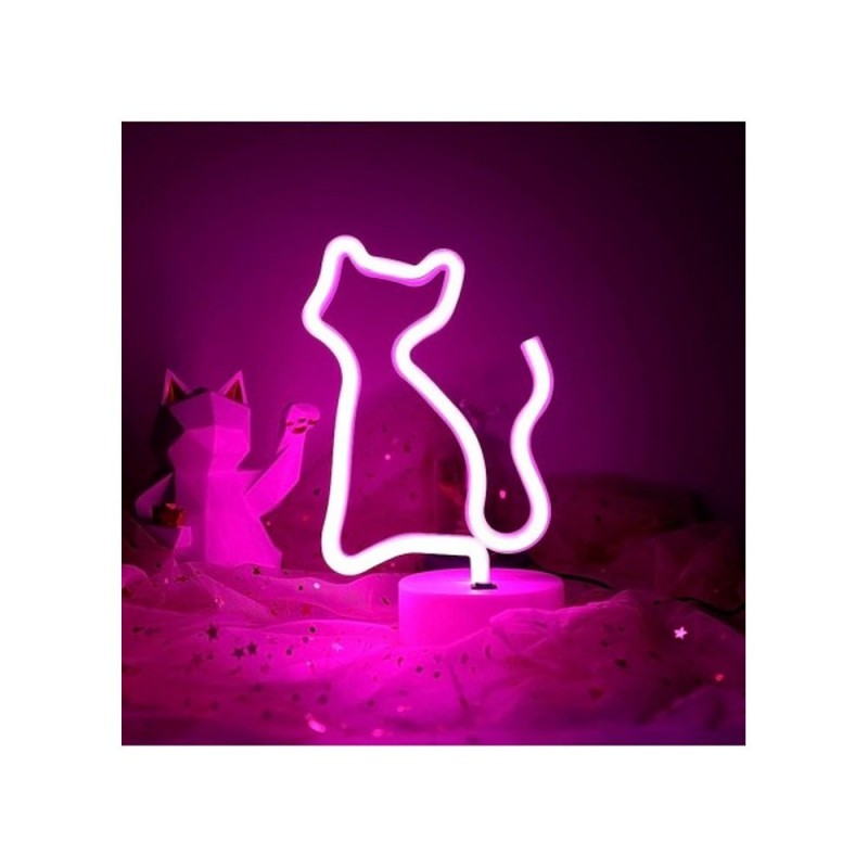ROVI Forever Light Lampada Neon Luce Led Decorativo USB PLUG Switch On-Off con Base | Gatto Rosa