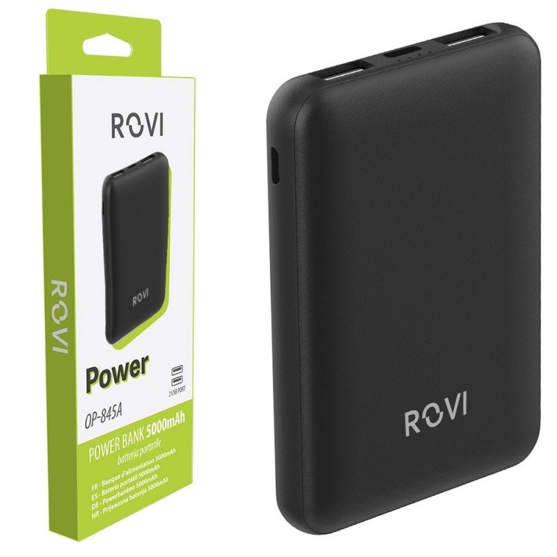ROVI Power Bank OP-845A 5000MAH Portable Charger 2 USB-A 1 USB-C Ports | Black