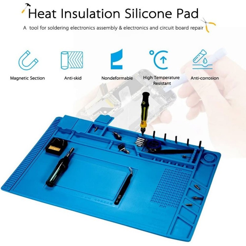 30x45cm Blue Anti-Static Insulating Silicone Mat for Laboratory Repairs + Screw Holder