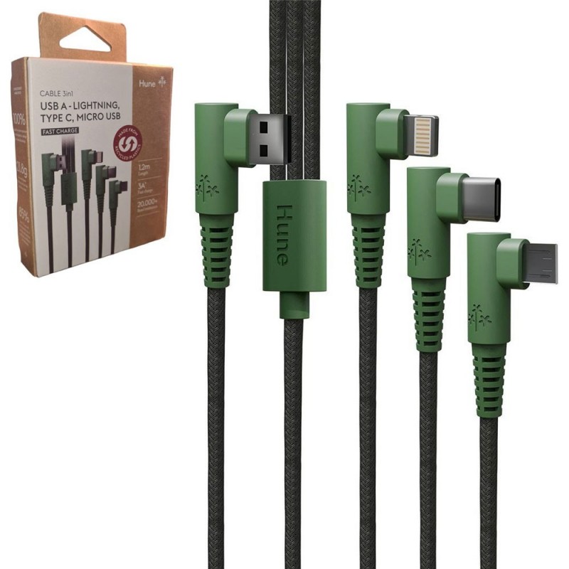 HUNE 3 in 1 USB-A Lightning Type-C Micro USB Fast Charge 3A Charging Cable | 1.2m HUNE 3 in 1 USB-A Lightning Type-C Micro USB Fast Charge 3A Charging Cable | 1.2m