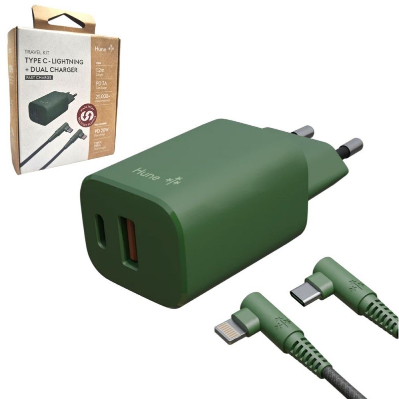 HUNE 20W USB and Type C Multiple Charger Kit + 1.2m Type C Lightning Cable | Green HUNE 20W USB and Type C Multiple Charger Kit + 1.2m Type C Lightning Cable | Green