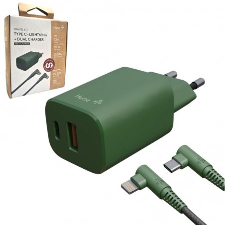 Product image HUNE Kit Caricabatterie Multiplo USB e Type C da 20 W + Cavo Type C Lightning 1.2m | Verde