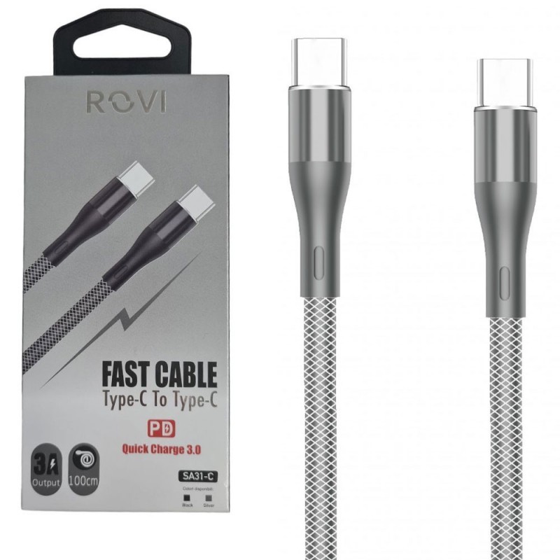 Rovi Sport SA31C USB-C to USB-C Nylon Charging Cable 1m 3A | Silver