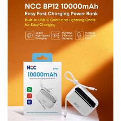 NCC Power Bank 10000mAh Compact Fast Charger with Integrated USB-C and Lightning Cable | White BP12
