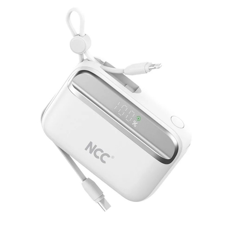 NCC Power Bank 10000mAh Caricabatterie Compatto Veloce Con Cavo Integrato USB-C e Lightning | Bianco BP12