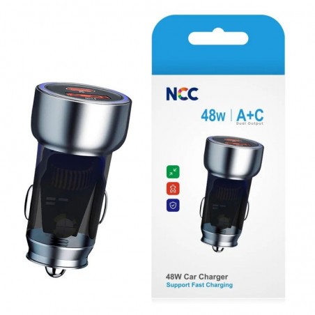 Foto di NCC CaricaBatterie da Auto 48W Doppia porta USB-A + USB-C Fast Charger | Nero R10 - NCC