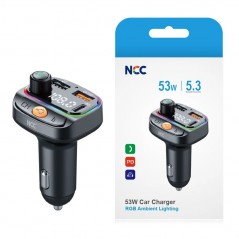 Discover NCC CaricaBatterie da Auto 53W 2 porte USB-A + 1 Porta USB-C Bluetooth 5.3 Fast Charger | Nero R20 details