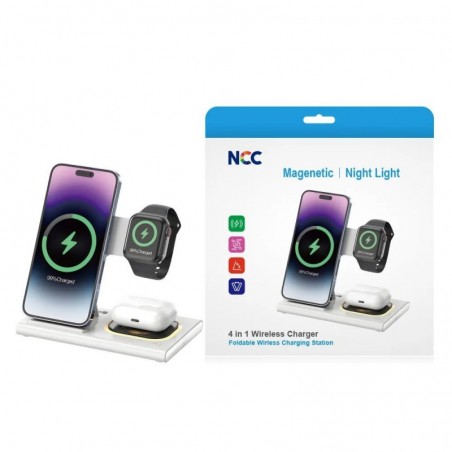 Acquista NCC CaricaBatterie Wireless Caricatore Pieghevole 4 in 1 Con Luce Notturna | Bianco W30 in vendita