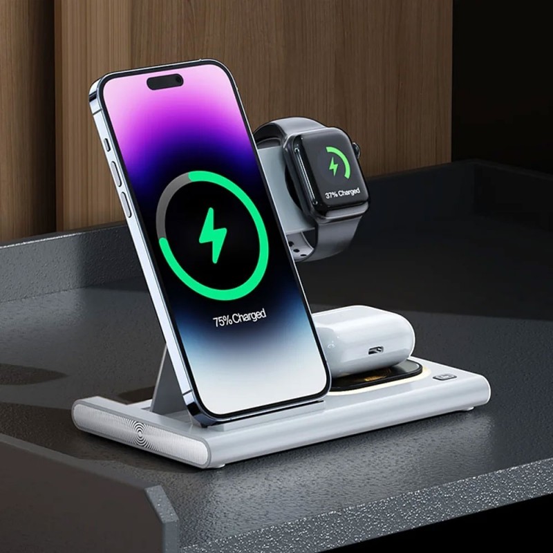 NCC CaricaBatterie Wireless Caricatore Pieghevole 4 in 1 Con Luce Notturna | Bianco W30