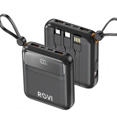 ROVI Power Bank LX21 10000MAH Portable Charger 20W Integrated USB-C MICRO-USB LIGHTNING Cables | Black