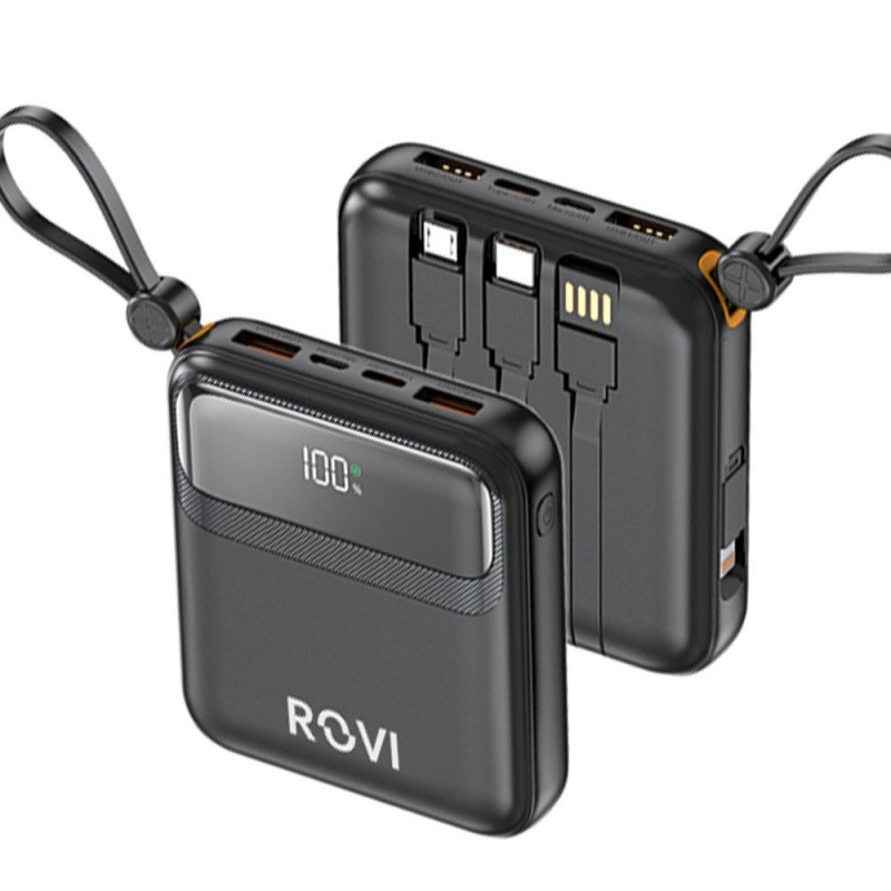 ROVI Power Bank LX21 10000MAH Portable Charger 20W Integrated USB-C MICRO-USB LIGHTNING Cables | Black