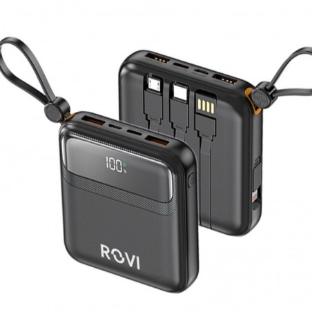 ROVI Power Bank LX21 10000MAH Caricabatterie Portatile 20W Cavi Integrati USB-C MICRO-USB LIGHTNING | Nero