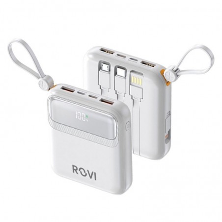ROVI Power Bank LX21 10000MAH Caricabatterie Portatile 20W Cavi Integrati USB-C MICRO-USB LIGHTNING | Bianco