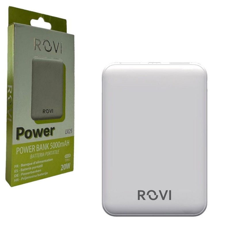 ROVI Power Bank LX25 5000mAh Portable Charger 2 USB-A 1 USB-C 20W | White