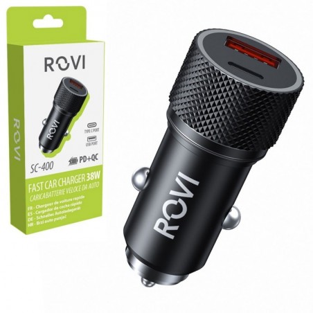 Scopri Rovi Caricabatterie Veloce da Auto SC400 Fast Car Charger 38w USB-A e USB-C | Nero in dettaglio
