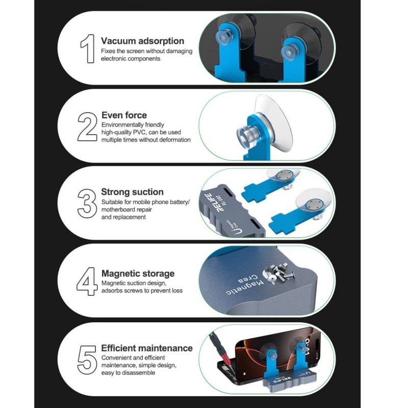 Relife RL-092 Supporto per Display LCD Riparazioni SMARTPHONE con Base magnetica + Ventose