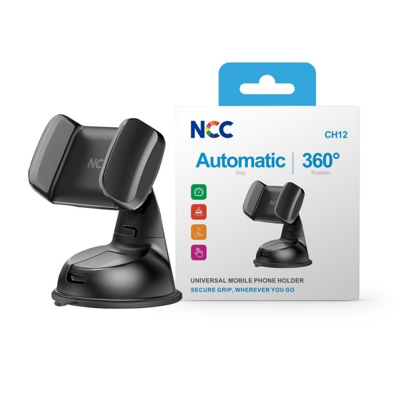 NCC CH12 Universal Car Mount for Dashboard and Windshield | 360° Automatic Secure Grip | Black