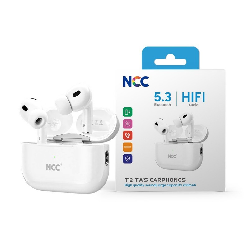 NCC T12 Bluetooth Earphones TWS Headphones HIFI Audio BT 5.3 USB-C Port | White
