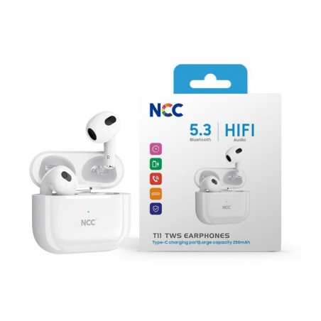 Discover NCC Auricolare Bluetooth T11 Cuffie TWS Audio HIFI BT 5.3 Porta USB-C | White details