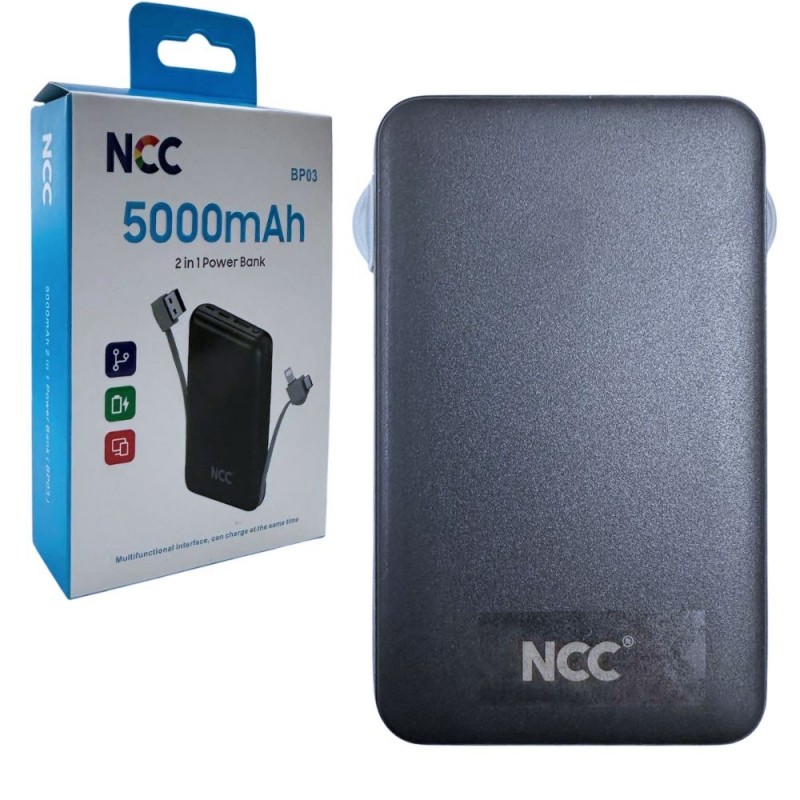 NCC Power Bank 5000mAh Mini Compact Charger with USB-C and Lightning Cable | Black BP03