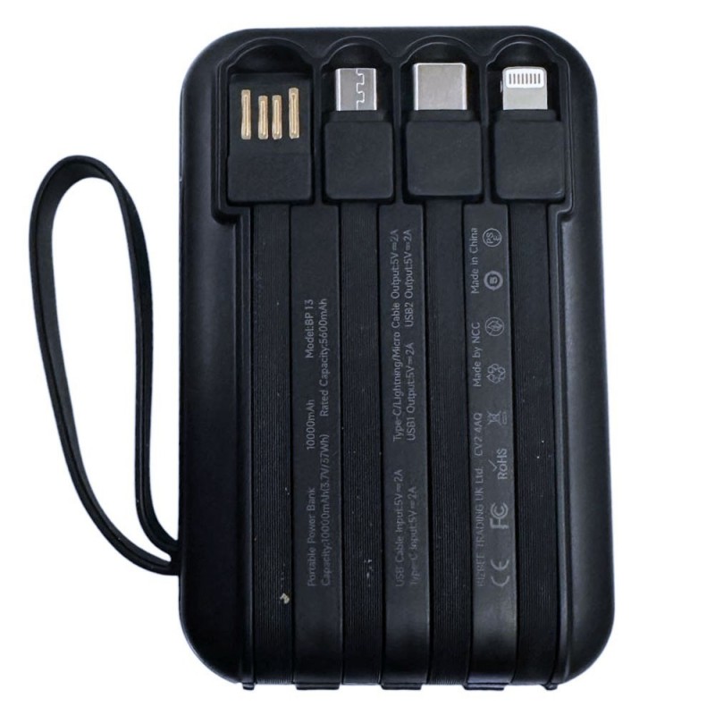 NCC Power Bank 10000mAh Caricabatterie Multifunzionale 4 in 1 + Cavo USB-C - LIGHTNING - MICRO USB | Nero BP13