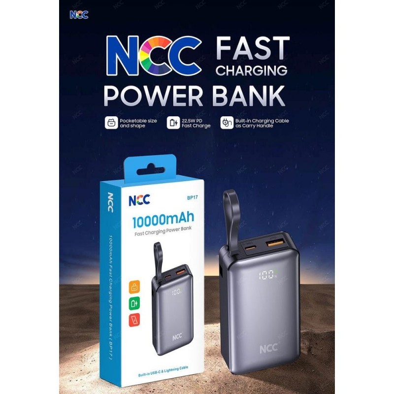 NCC Power Bank 10000mAh Compact Charger with Integrated USB-C and Lightning Cable 22.5W | BP17