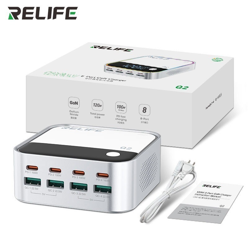 RELIFE Q2 Charger up to 120W 8 USB-A USB-C Ports Silver