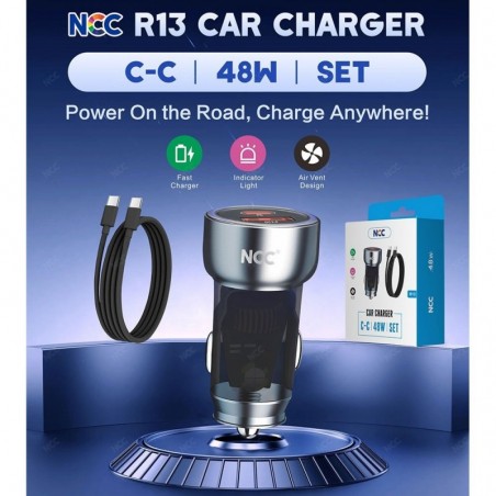 NCC CaricaBatterie da Auto 48W 2 porte USB-A + USB-C Fast Charger + Cavo USB-C | Nero R13