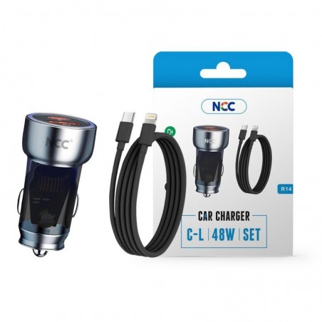 Photo of NCC CaricaBatterie da Auto 48W 2 porte USB-A + USB-C Fast Charger + Cavo USB-C a Lightning | Nero R14 - NCC