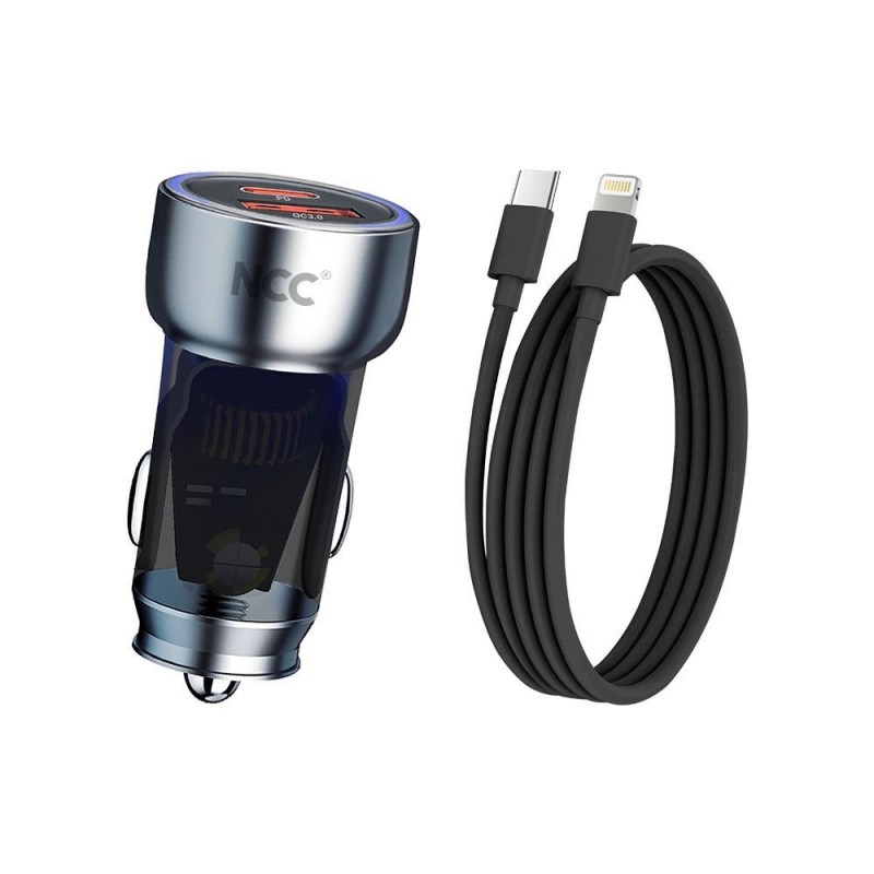 NCC CaricaBatterie da Auto 48W 2 porte USB-A + USB-C Fast Charger + Cavo USB-C a Lightning | Nero R14