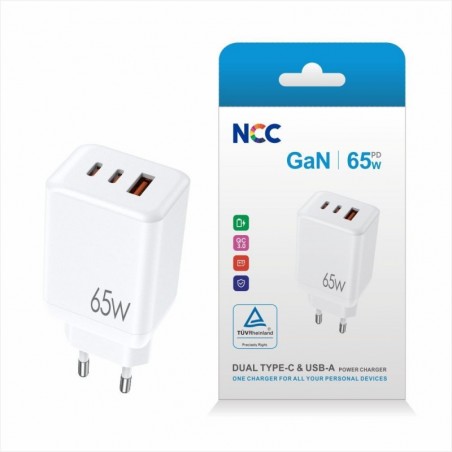 Immagine prodotto NCC CaricaBatterie da Rete 65W 2 Porte USB-C + 1 Porta USB-A Fast Charger GaN | Bianco